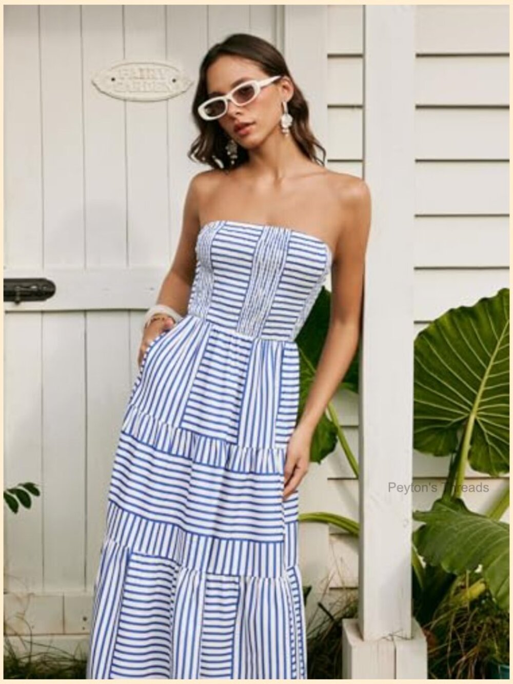 Strapless Midi Dress with Pockets Striped A-Line Tube Dress - Picture 4 of 6